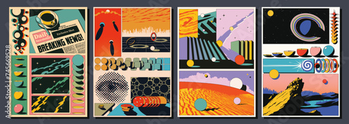 3D Effect Abstract Dimension Posters. Breaking News Newspaper, Perspective Grid, Sands, Space, Planets, Dominoes, Geometric Shapes Backgrounds 