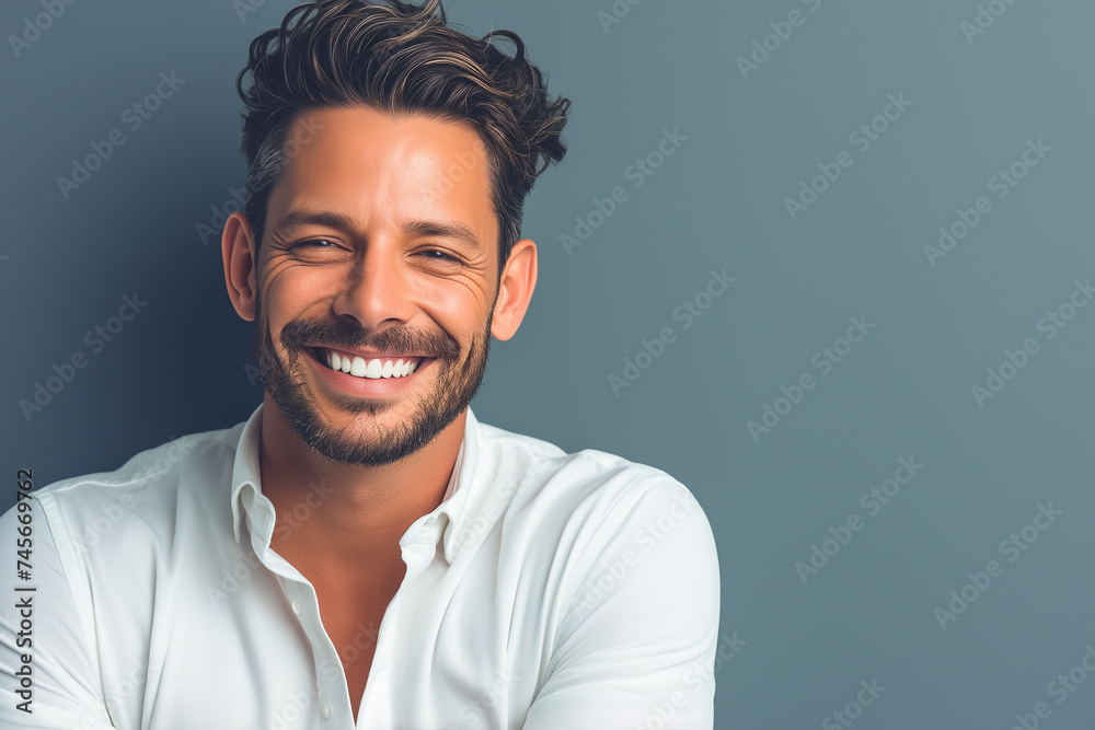 Obraz premium smiling businessman in a white shirt on a gray background