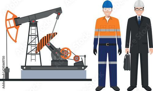 Oil Pump and Engineer in Suit, Worker in Work Uniform and Safety Helmet in Flat Style. Vector Illustration.