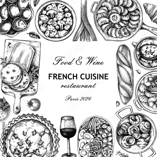 French food frame design. Vintage food and wine sketches. European restaurant menu template. France background. Hand-drawn vector illustration, NOT AI generated
