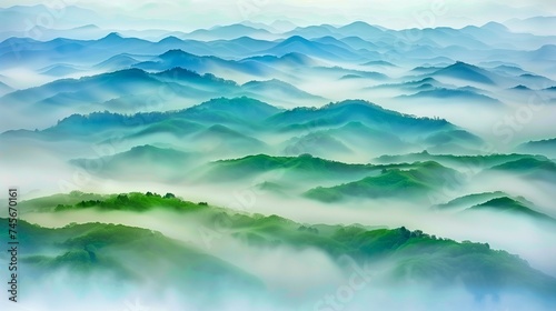 green and blue landscape background with hills, trees, fog and clouds. 
