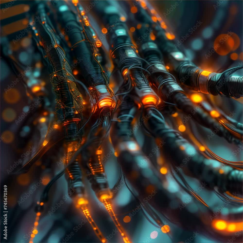 Close up Cyberware neural interface connectors glowing with data transfer
Close up Cyberware neural interface connectors glowing with data transfer