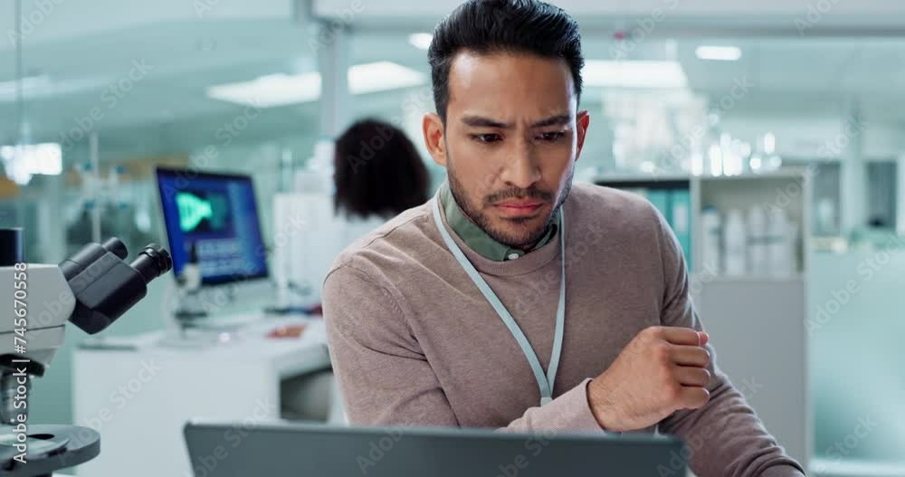 Scientist, man thinking and research on computer for laboratory test, exam or medical results of DNA. Asian science expert or people on laptop and biotechnology for cancer solution or problem solving
