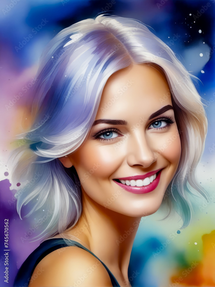 Digital painting of woman with blonde hair and blue eyes smiling at the camera.