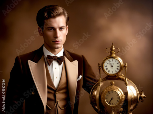 Young man in tuxedo standing next to golden clock. photo