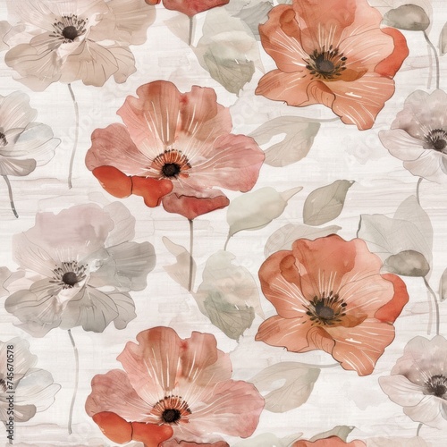 Delicate watercolor poppies in soft red and beige tones on a linen textured background, suitable for serene wallpaper and fabric designs.