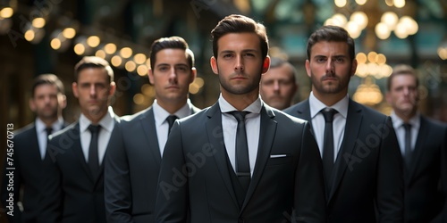 Group of businessmen in formal attire queued up in courthouse setting. Concept Businessmen, Formal Attire, Courthouse Setting, Queued Up, Professional demeanor