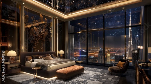 An opulent hotel room bathed in golden light offers a breathtaking nighttime cityscape through floor-to-ceiling windows  embodying urban sophistication.