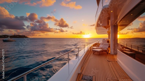 Fototapeta Naklejka Na Ścianę i Meble -  A serene sunset paints the sky with warm hues, viewed from the deck of a luxury yacht cruising through calm ocean waters.