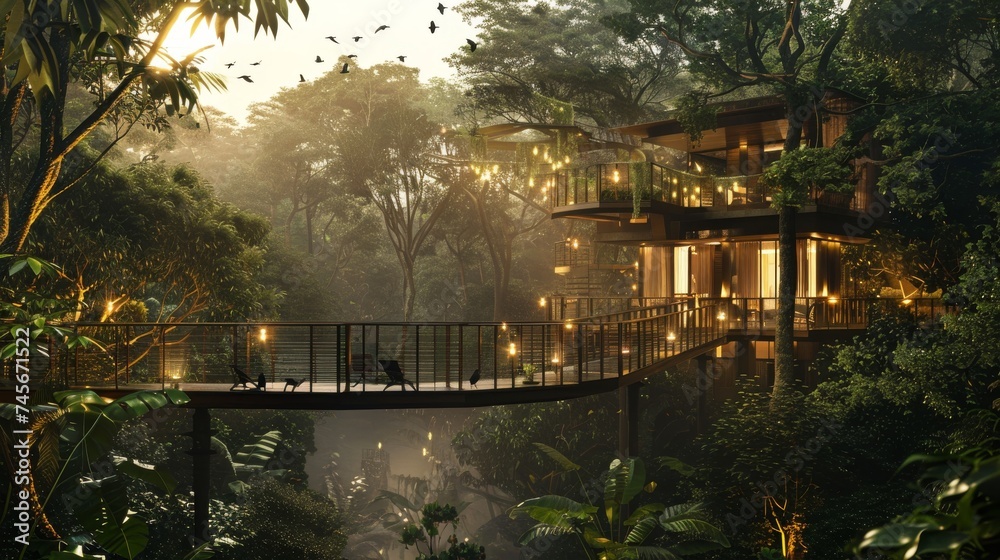 As twilight descends, a luxurious treehouse nestled within a lush forest comes to life with warm lights, offering an enchanting escape among the treetops.