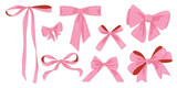 Vector Illustration of 8 pink girly vintage bow set. Bow for hair decor flat. Ribbons isolated. Trendy girls accessories. Cute hairstyle elements collection
