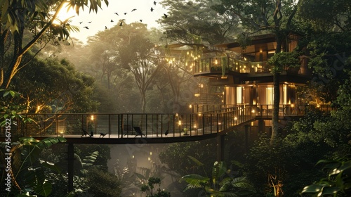 As twilight descends  a luxurious treehouse nestled within a lush forest comes to life with warm lights  offering an enchanting escape among the treetops.