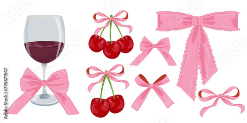 Vector Illustration of pink girly vintage bows, wine and cherry. Bow for hair decor flat. Elements isolated. Coquette aesthetic accessories.