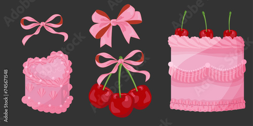 Vector Illustration of pink girly vintage bows, bento cake, vintage lambeth cake and cherry. Cute bento lambeth cake. Girly coquette aesthetic. photo