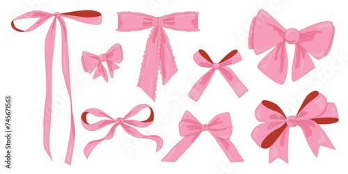 Vector Illustration of 8 pink girly vintage bow set. Bow for hair decor flat. Ribbons isolated. Trendy girls accessories. Cute hairstyle elements collection photo