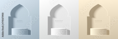 Set of Ramadan Kareem festival 3D podium background in mosque window shape. Cream, white and blue color. Islamic greeting card template with Eid al Adha Mubarak for wallpaper, Poster, Media banner.