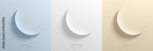 Set of Ramadan Kareem festival background. Moon in paper cut style on cream, wite and blue color. Islamic greeting card template with Eid al Adha Mubarak for wallpaper, Poster, Media banner, card. photo
