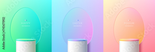 Set of 3D happy easter day podium background. Yellow, blue, pink, white podium with window eegg oval shape scene. Platforms mockup product display. Abstract composition minimal design. Stage showcase.