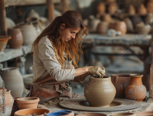 A young woman works in a pottery studio. Pottery lessons. Pottery as a hobby