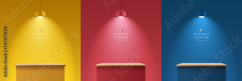 Set of yellow, blue, red and wood realistic 3d podium stand od cube desk shelf table with hanging neon lamps. Stage showcase, Product display. Vector rendering geometric forms. Abstract minimal scene.