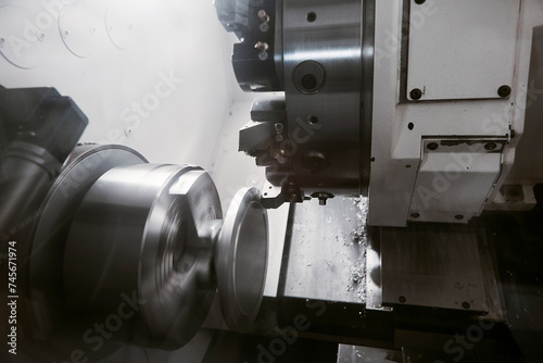 Rotation of aluminium part on CNC metalworking machinery. Working of milling machine with Control Numerical Computer. 