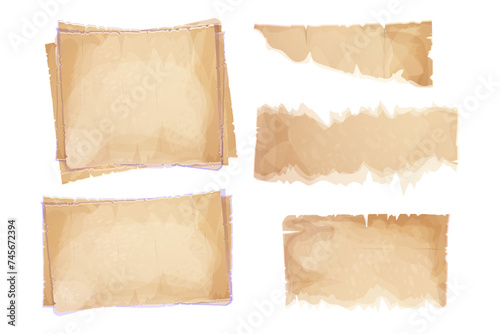 Set parchment paper, torn pieces, old sheets , textured empty notes isolated on white background. Game ui elements photo