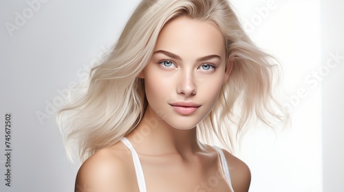 beautiful ,woman, glowing, skin, hair, elegant ,aura, medical ,spa, website ,banner, realistic, image, white, background, cleanliness, purity, beauty, radiant ,skin, poised, appearance, visually str