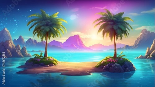Painting of a Tropical Island With Palm Trees