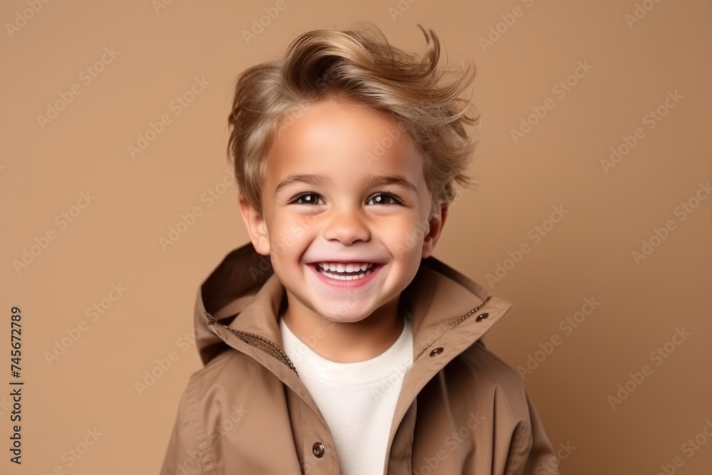 Portrait of a smiling little boy in a brown raincoat on a brown background Portrait of a smiling little boy in a brown raincoat on a brown background