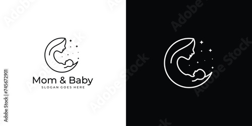 Creative Mother and Baby Logo. Crescent and Mom Hugs Her Child with Linear Outline Style. Pregnancy Logo Icon Symbol Vector Design Template.