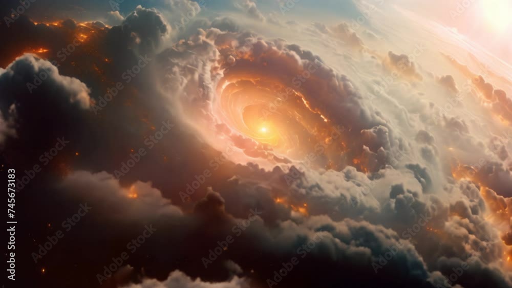 Tornado or cyclone on the surface of planet earth, view from space. Thick lush clouds and a hole in the sky