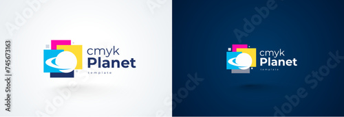 Logo Print Сmyk Polygraphy theme. Planet and squares. Template design vector. White background.