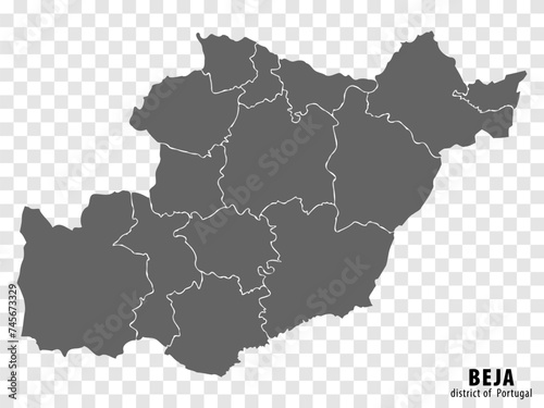 Map Beja  District on transparent background. Beja District  map with  municipalities in gray for your web site design, logo, app, UI. Portugal. EPS10. photo