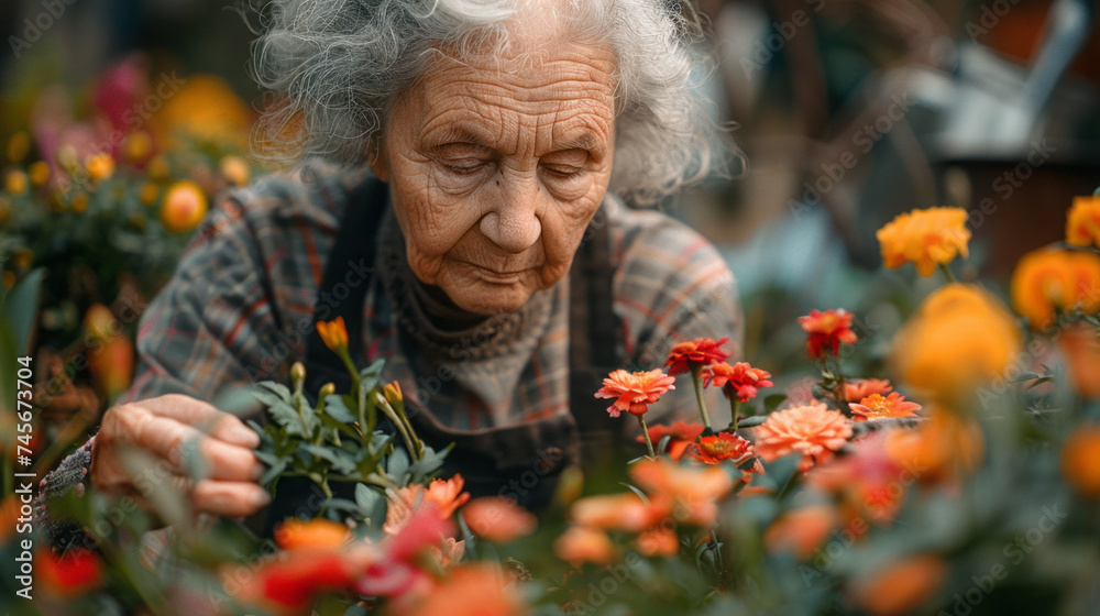 Grandma's Garden. Grandma tending to her flowers. Grandma's Garden. Grandma tending to her flowers.