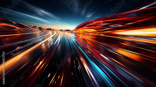 Long exposure captures vibrant light trails through a bustling cityscape during the blue hour.