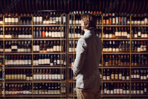 Sommelier standing in wine cellar, shelf with many bottles background and looks for necessary alcoholic beverage, make a choise.