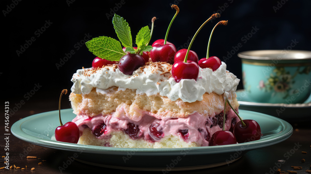 Rich, indulgent piece of cake topped with plump cherries and a dollop of whipped cream Rich, indulgent piece of cake topped with plump cherries and a dollop of whipped cream