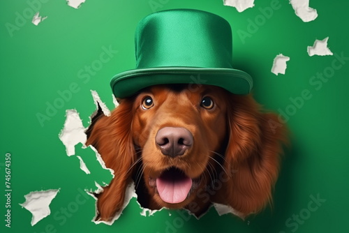 The head of a red irish setter dog wearing green leprechaun hat in a hole of the wall. St. Patrick's Day concept. Copy space. photo