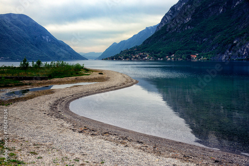 Tableau sur toile Lake Lugano and Bergamo Alps seen from Porlezza, Province of Como, Lombardy, Ita