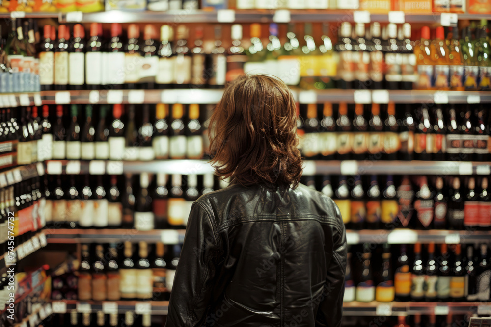 Woman Choosing Wine at Supermarket