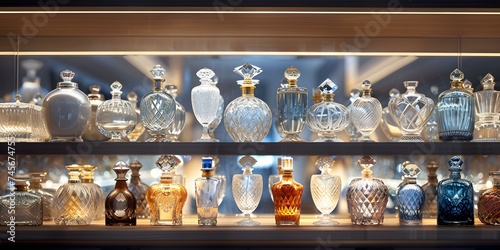 Display of multiple elegant glass perfume bottles. Concept Perfume Bottles, Glass Display, Elegant Decor, Luxe Fragrances