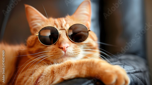 Cute orange tabby cat wearing sunglasses lying on sofa. © sirins