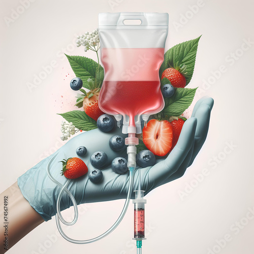 Human Hand Holding Saline Bag With Berry Slices Over White Background photo