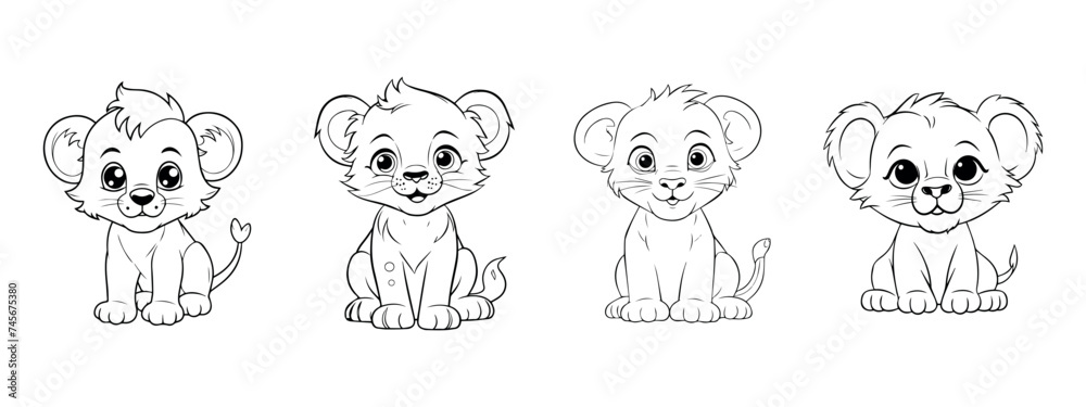 Cute Cartoon Lions Icons Set - Vector Illustration Isolated On White Background
