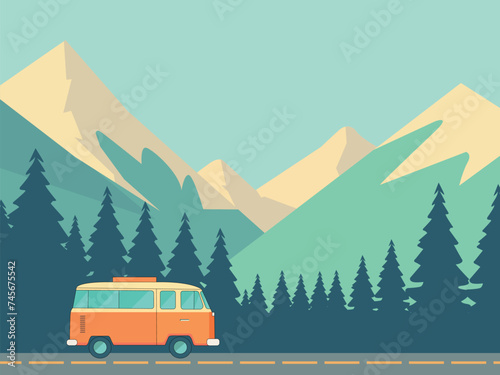 bus on the mountain road landscape illustration