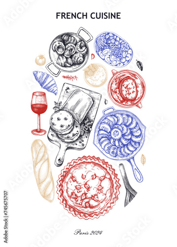 French food poster. Vintage food and wine sketches. European restaurant menu design. France background. Hand-drawn vector illustration, NOT AI generated