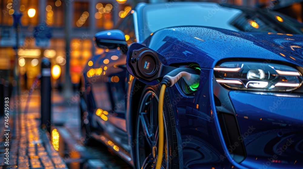 Blue Car With Electric Charger Plugged In Blue Car With Electric Charger Plugged In