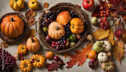 Arrange a variety of autumn leaves alongside seasonal fruits, vegetables, and other natural elements, creating a rich tapestry of textures ,Generative AI