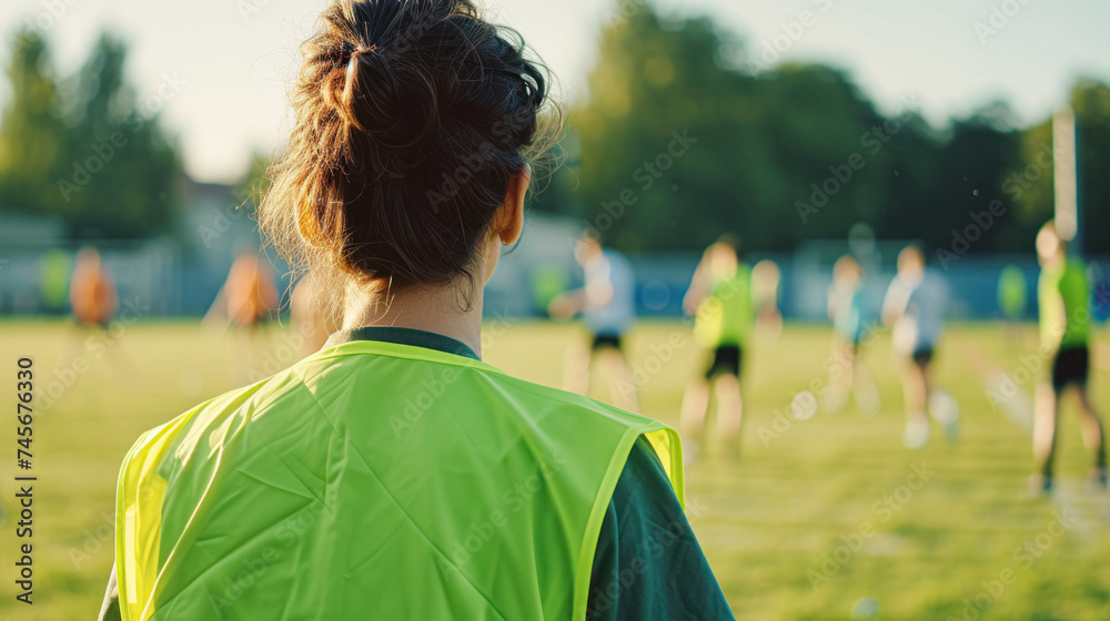 Back view of a coach in a green jacket watching a youth soccer team training on a sunny field.