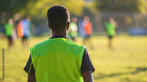 Back view of a coach in a green jacket watching a youth soccer team training on a sunny field.